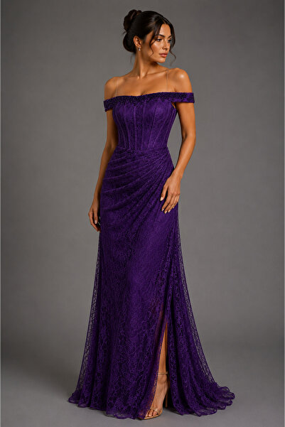 Queens dresses Purple Long Lace Dress with Off Shoulder