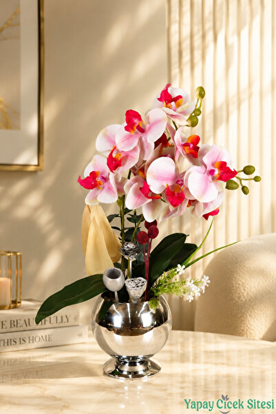 Yapay Çiçek Sitesi Metal Silver Globe Orchid Arrangement in a Pot 43 cm Fuchs...