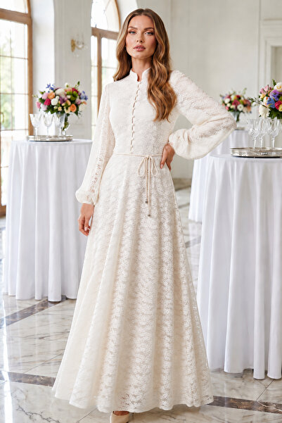benguen Printed Buttoned Hijab Dress A3002 Ecru
