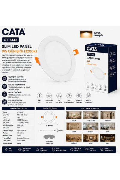 Cata CT-5146 Slim Led Panel 9W Günışığı (3200K)