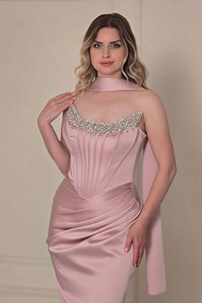 Yonca Moda Evi Pembe Saten Balenli Taşlı Abiye 2002