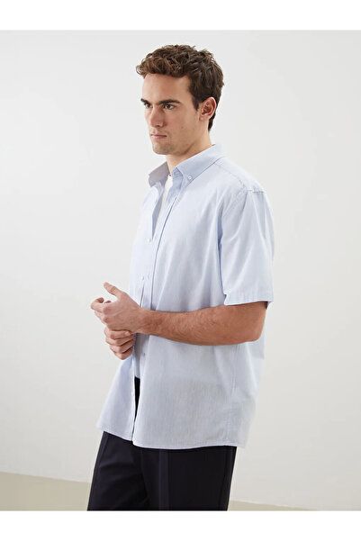LC Waikiki Blue Regular Fit Short Sleeve Linen Blend Men's Shirt