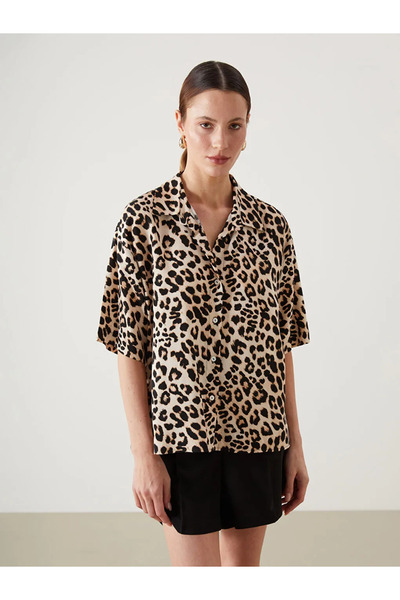 LC Waikiki Brown Leopard Patterned Linen Blend Women's Shirt