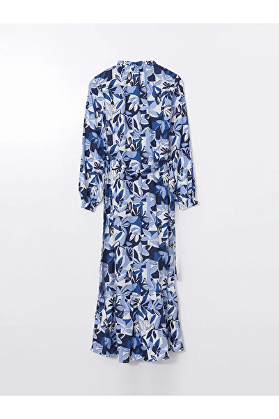 LC Waikiki Blue Ruffled Stand Collar Floral Women's Shirt Dress