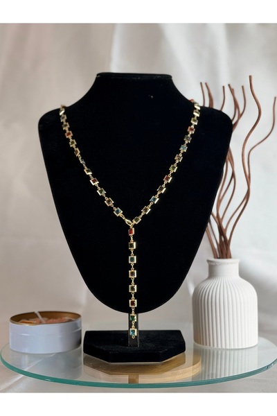 ANKA JEWELLRY KARE TAŞ DETAYLI Y MODEL RENKLİ ÇELİK KADIN KOLYE