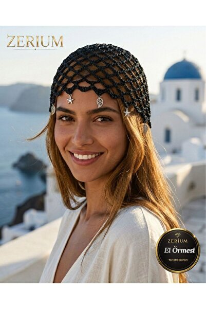 ZERİUM Handmade Women's Knitted Bohemian Hat Beach Club Style Jet Black with ...