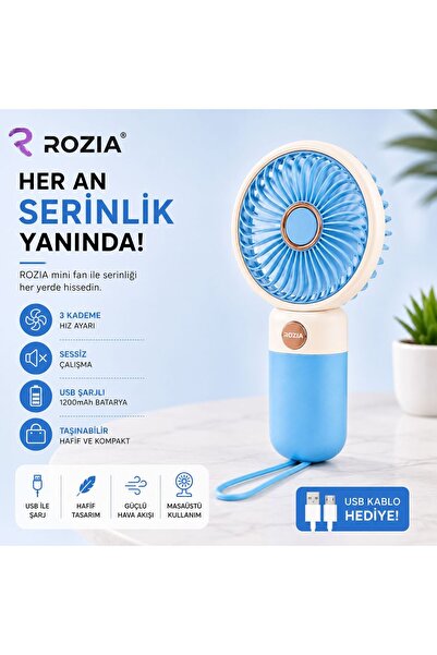 ROZIA USB Şarjlı Mini El Vantilatörü Taşınabilir Masaüstü Fan 3 Kademeli Sess...