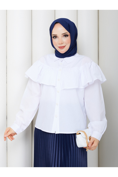 MİHRİZAR Women's Hijab Ruffled Flounce Detailed Long Sleeve Shirt Blouse
