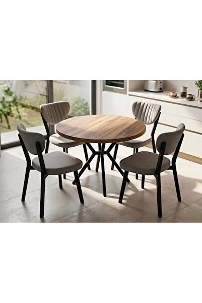 REYYAN MOBİLYA Elma Cafe, Restorant 1 Yuvarlak Sabit Mutfak Masası, 4 Adet El...