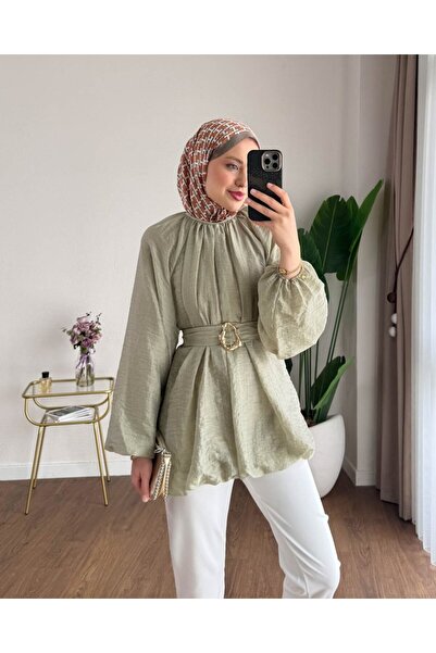 RFK Butik Kadın Balon Kol Bubble Kemerli Tunik - Yeşil
