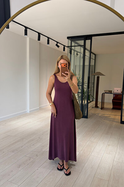 Sezgi Tekin Purplish Pique Modal Dress with Gathered Elastic Straps