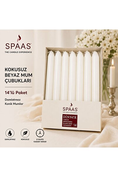 Spaas Kokusuz Damlatmaz Konik Şamdan Mumu 14'lü Paket – 8 Saat Yanma Süresi, ...