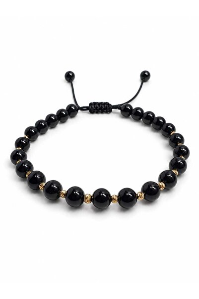 Aur 585 Brățară unisex reglabilă pe șnur negru cu onix și aur galben 14k, 0,60 g