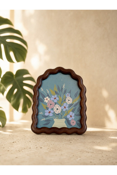 Mapa Home FLORA Ahşap Dalgalı Çerçeveli Vintage Çiçek Vazo Tablosu Mavi