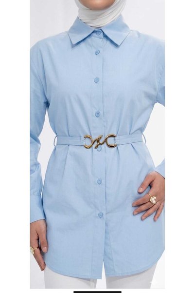 YEK&BİR Women's Gold Belt-Detail Balloon Sleeve Tunic Shirt
