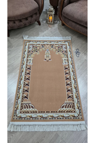 Rugano Home İrfan, Luxury Mihraplı Acrylic Woven Prayer Mat Beige Gold Embroi...
