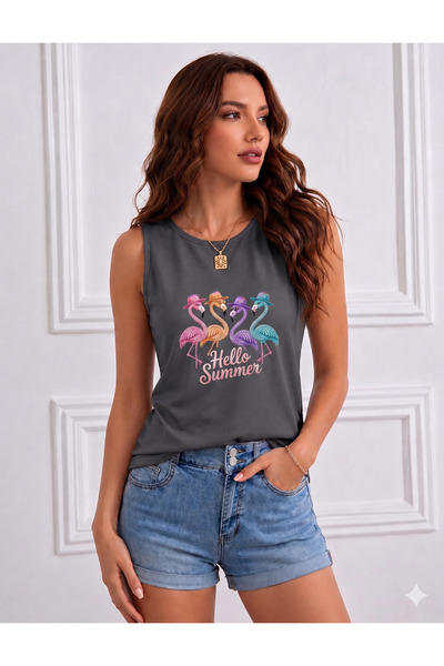 FAVORİST Flamingo Printed Women's (Off Shoulder) Sleeveless T-Shirt with Straps
