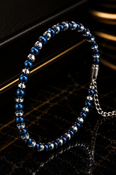 İyyaKee Blue Globe Hematite Natural Stone Adjustable Steel Chain Bracelet