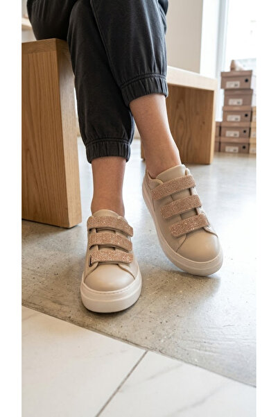 Suuet Sawel Kadın Sneakers Üç Bantlı Taşlı Spor Ayakkabı Deri