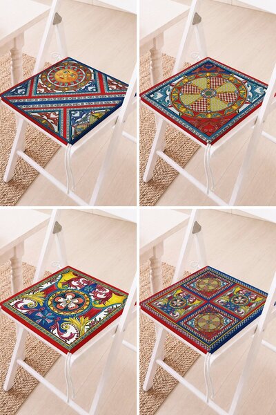 Home Set of 4 Colorful Traditional Tile and Geometric Patterned Lace-Up Chair...