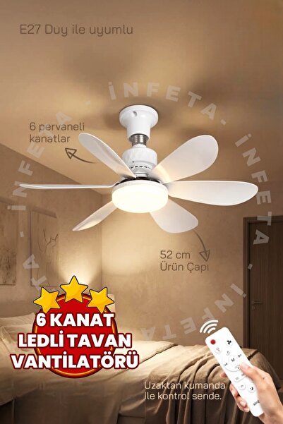 İnfeta 3 Led Aydınlatmalı Sessiz Tavan Vantilatörü 6 Kanatlı Kumandalı 2'si 1...