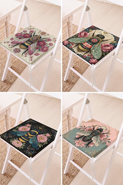 Home Set of 4 Bee and Flower Patterned Lace-Up Chair Cushions