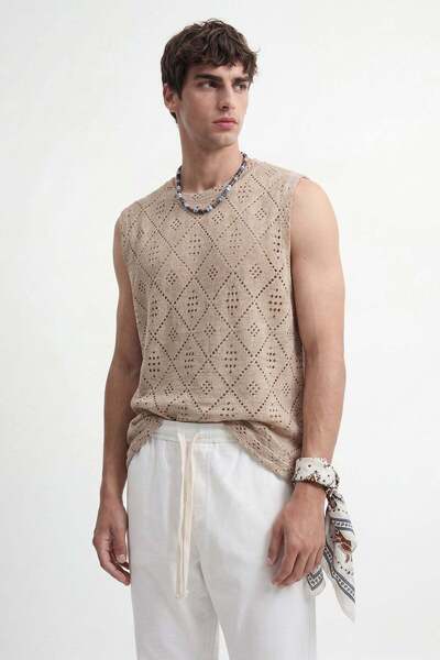 Antioch Beige Crochet Knit Athlete Shirt