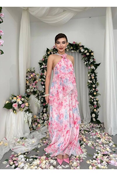 ETİKAFASHION Gül Aplike Şifon Desenli Uzun Elbise