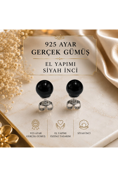 925 Ayar Gümüş Siyah İnci Küpe | El Yapımı Antialerjik Zarif Kadın Küpe | Lüks ve Şık Tasarım 6 MM KÜPE