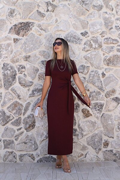 bytugcekaya Burgundy Basic Side Tie Dress