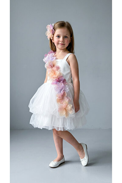 modabesta White Tulle Ball Gown Dress with Colorful Flowers