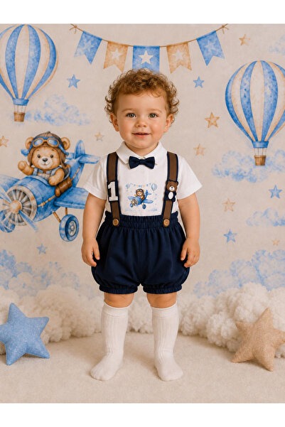 Feriatolye Navy Blue Teddy Bear Concept Birthday Salopet Shirt Bow Tie Socks