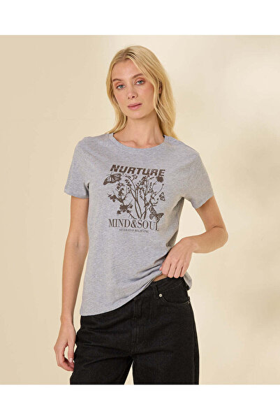 REDTAG Women Grey Graphic T-Shirt