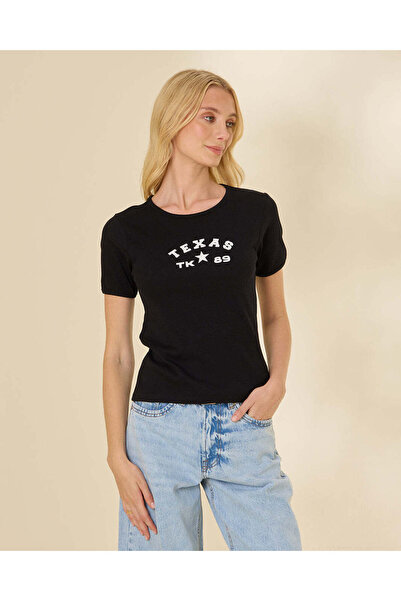 REDTAG Women Black Graphic Ribbed T-Shirt
