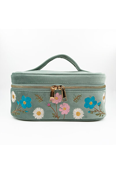 3rd March Studio Mint Green Floral Embroidered Velvet Makeup Bag & Organizer ...