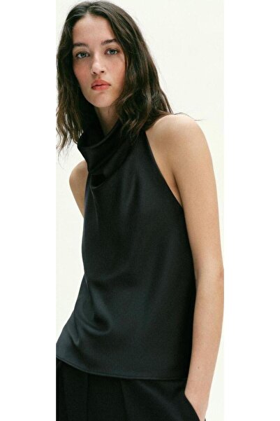Nostos Algos Black Halter Neck Satin Woven Blouse