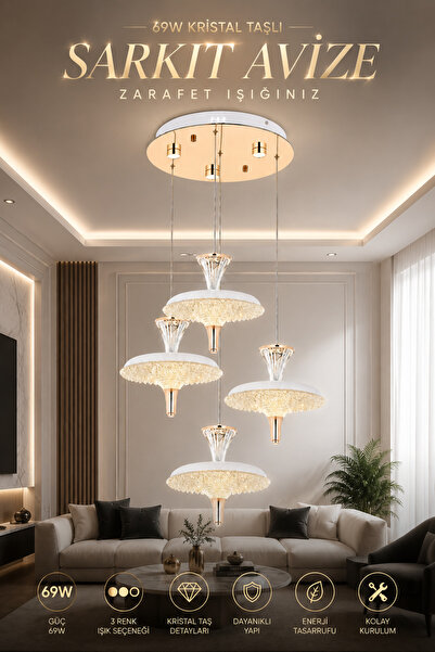 Elvora Home Modern (PREMİUM) Kristal Taşlı Gold Sarkıt Avize 4'lü LED Salon Y...