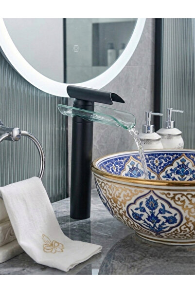 titanium design Cam Şelale Siyah Çanak Lavabo Bataryası