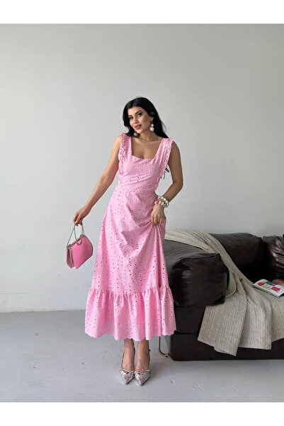 Nes Moda Kadın Kare Yaka Sırt Bağlama Detaylı Fisto Elbise