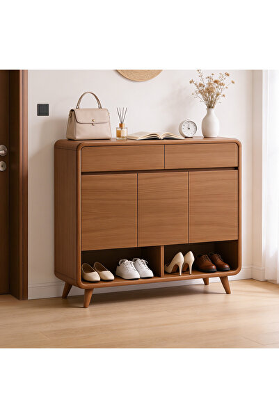HI-FINE Nordic Wooden Shoe Cabinet with 3 Doors 2 Drawers Removable Adjustabl...