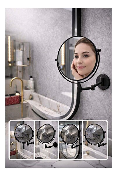 Generic مرآة مكبرة أنيقة وعصرية مثبتة على الحائط، تتميز بتشطيب أسود غير لامع وذراع قابل للتعديل لسهولة التثبيت.