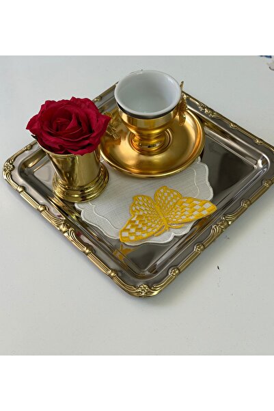Elzemm store PASLANMAZ ÇELİK KARE 1 ADET KENARI GOLD DESENLİ ÇAY KAHVE TEPSİS...