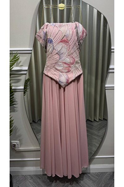 led style Embroidered Corset Evening Gown with Chiffon Skirt