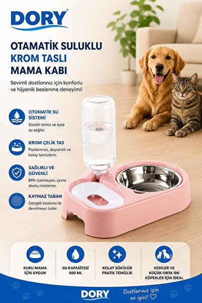 Dory Otomatik Suluklu Krom Taslı Mama Kabı Pembe