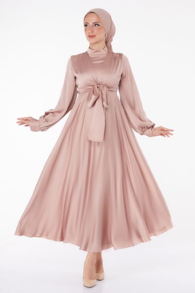 TOFİSA Front Tie Evening Dress Mink - 25342