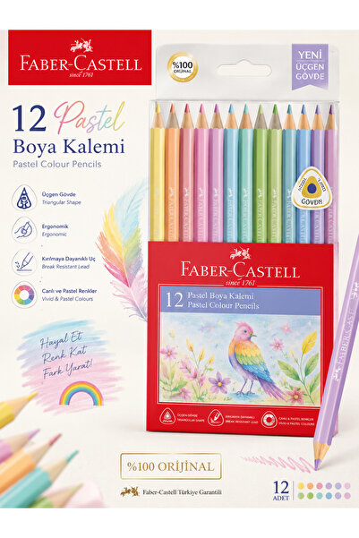 Faber Castell 12 Renk Pastel Tonlarda Boya Kalemi Seti Üçgen Gövdeli Orijinal...