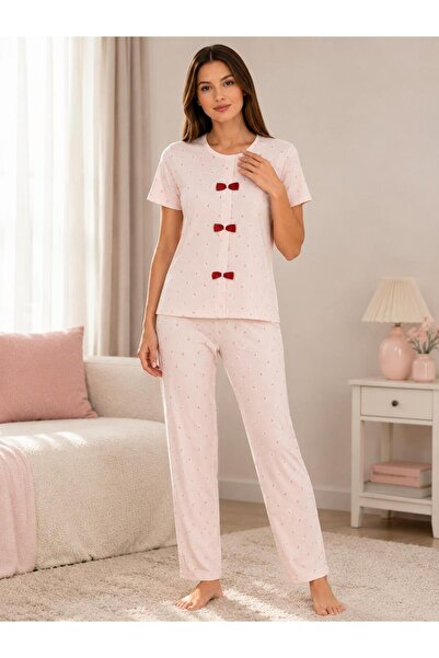 Pijamask Set de pijamale cu mânecă scurtă, cu imprimeu roz pudrat, pentru femei