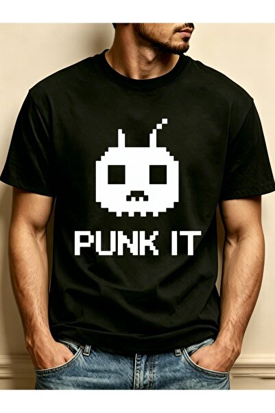 NOURAM تي شيرت رجالي من Pixel Skull Punk It برقبة دائرية، تصميم فضفاض، 100% ق...