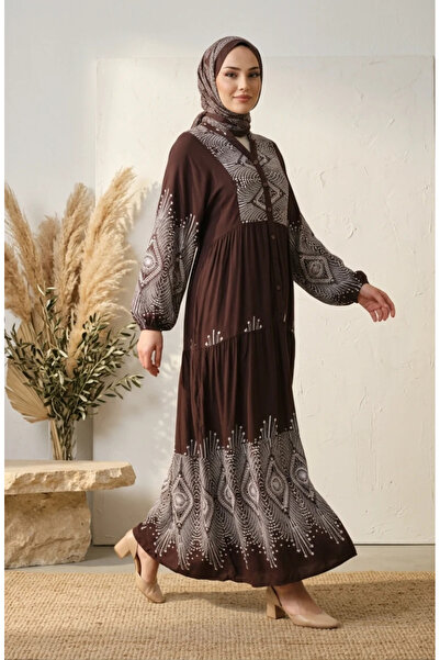 sefamerve Viscose Fabric Patterned Dress 5586-04 Brown