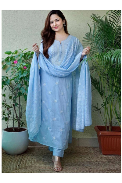 MYSMAR Light Blue Embroidered Kurta Set with Dupatta - AMZ1016 | Light Blue